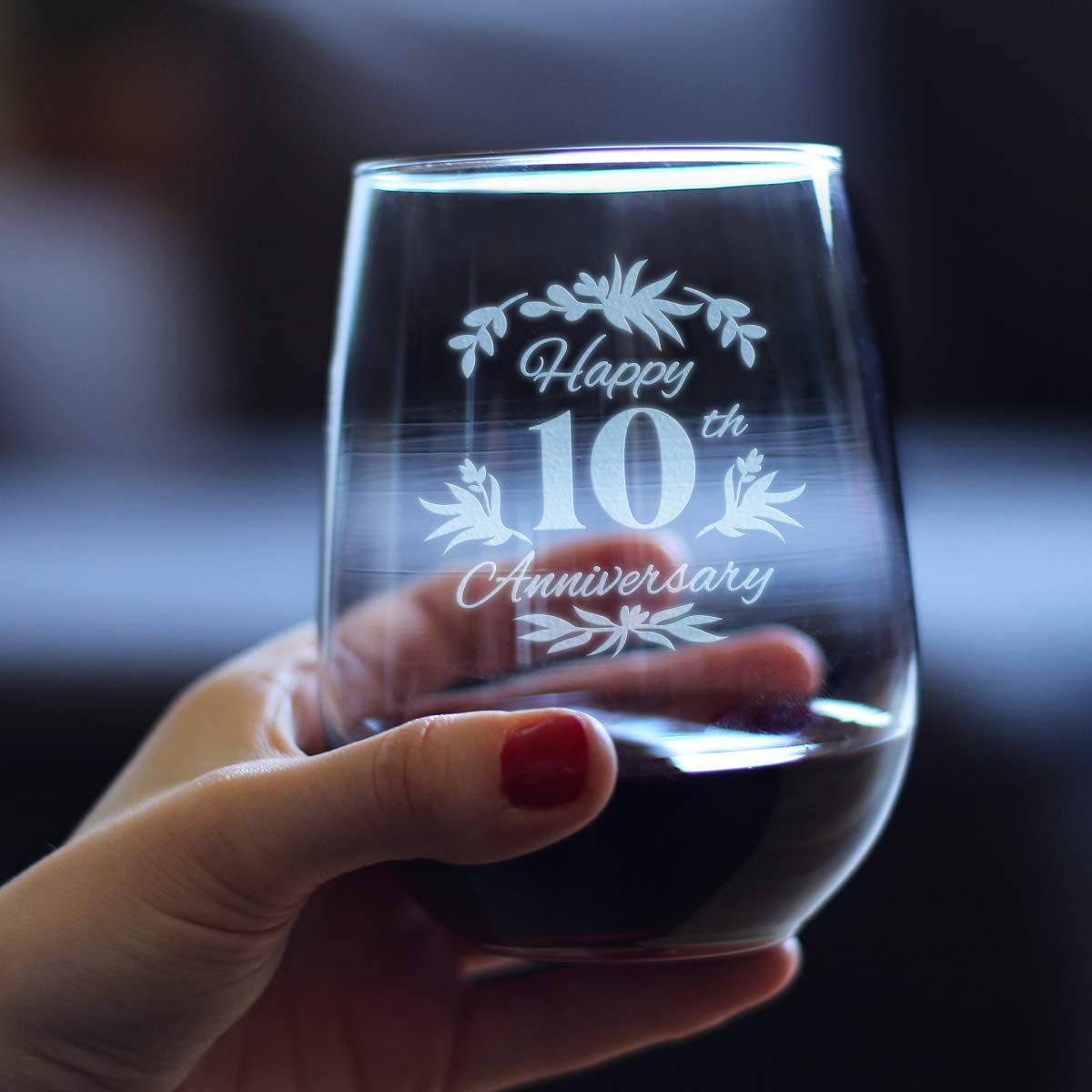 Happy 10th Anniversary - Stemless Wine Glass Gifts for Women & Men - 10 Year Anniversary Party Decor - Large Glasses