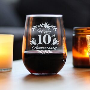 Happy 10th Anniversary - Stemless Wine Glass Gifts for Women & Men - 10 Year Anniversary Party Decor - Large Glasses