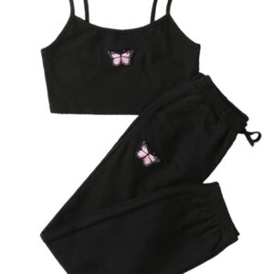 SOLY HUX Girl's 2 Piece Outfits Butterfly Cami Crop Tops and Sweatpants Set