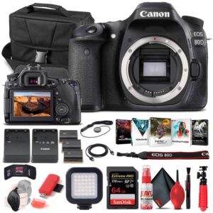 canon eos 80d dslr camera (body only) (1263c004) + 64gb memory card + case + corel photo software + 2 x lpe6 battery + external charger + card reader + led light + hdmi cable + more (renewed)