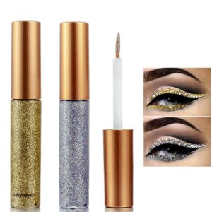 Hacaus 2PCS Liquid Eyeliner Glitter Liquid Eyeliner Metallic Shimmer Eyeshadow, Long Lasting Waterproof Makeup Eyeliner Color Silver Gold