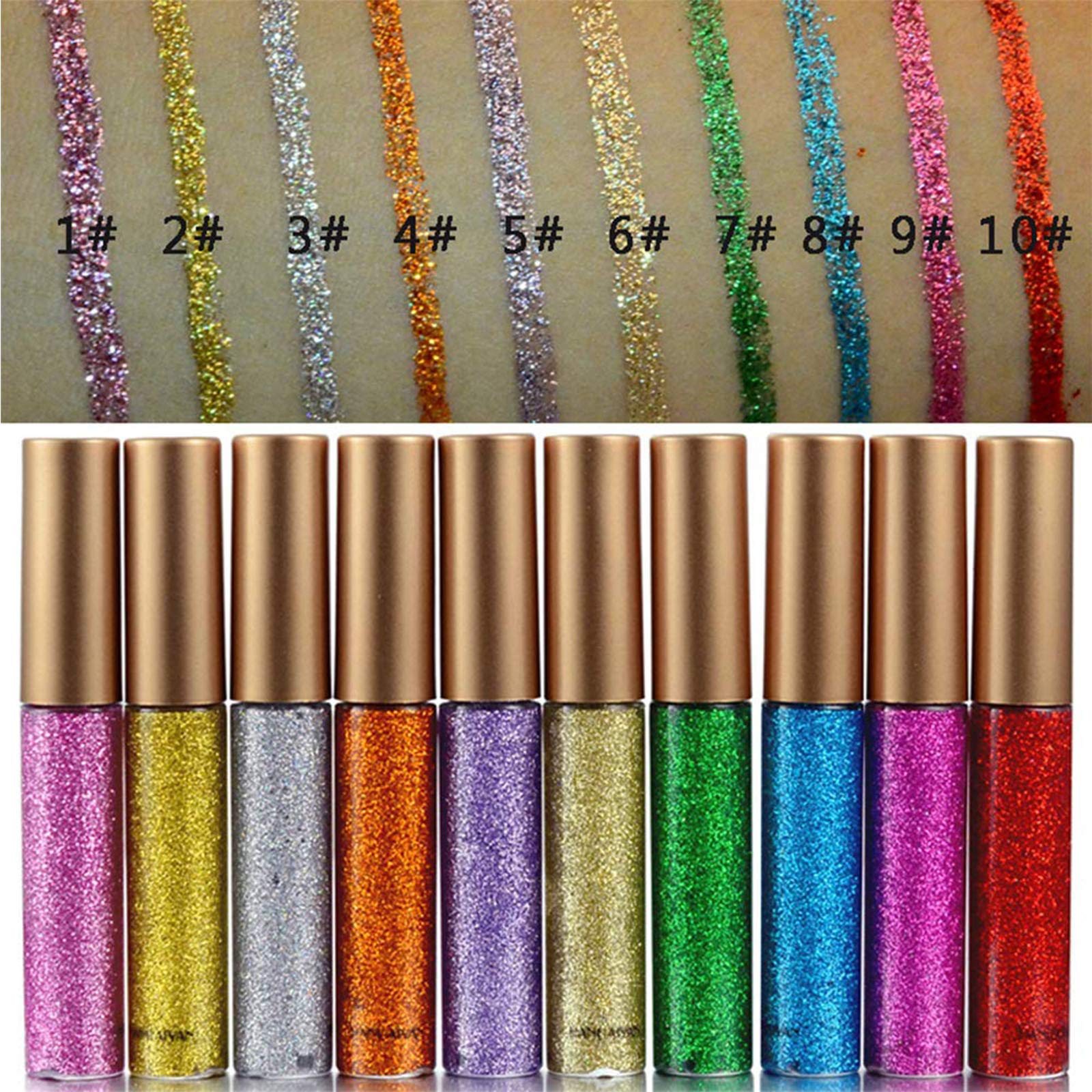 Hacaus 2PCS Liquid Eyeliner Glitter Liquid Eyeliner Metallic Shimmer Eyeshadow, Long Lasting Waterproof Makeup Eyeliner Color Silver Gold