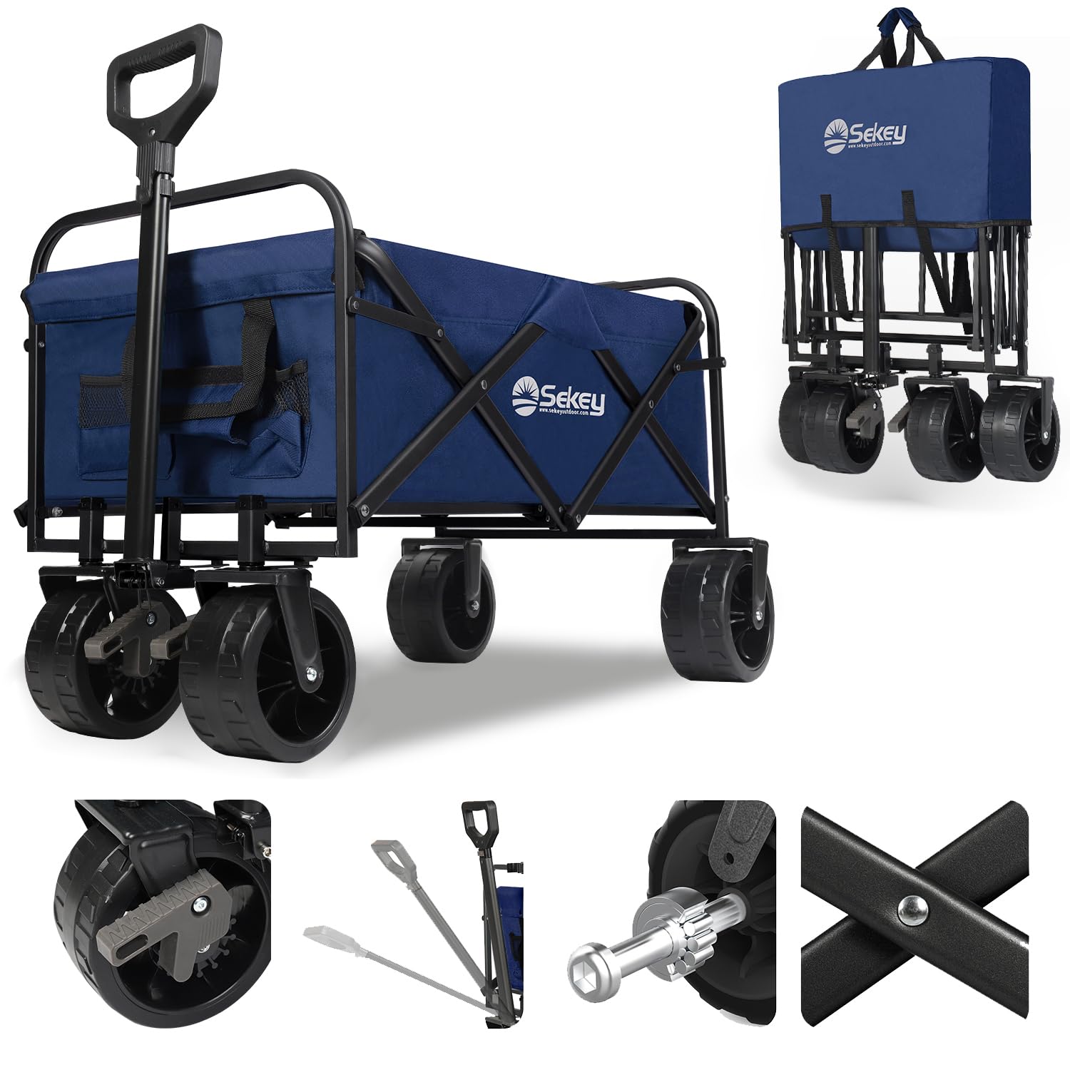 Sekey Heavy Duty Foldable Wagon with 330lbs Weight Capacity, Collapsible Folding Utility Garden Cart with Big All-Terrain Beach Wheels & Drink Holders.Blue