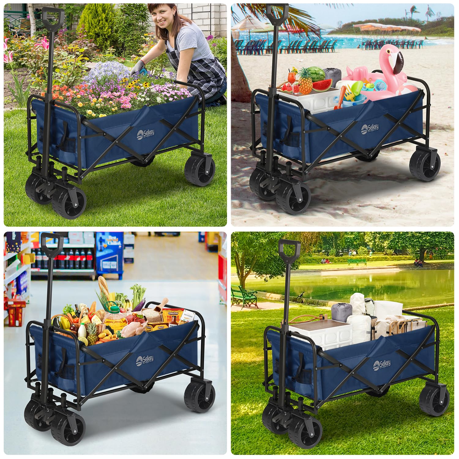 Sekey Heavy Duty Foldable Wagon with 330lbs Weight Capacity, Collapsible Folding Utility Garden Cart with Big All-Terrain Beach Wheels & Drink Holders.Blue