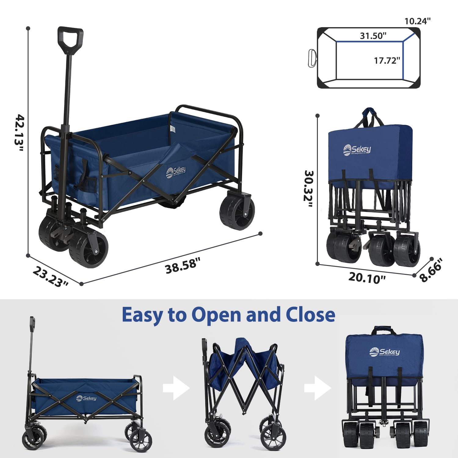 Sekey Heavy Duty Foldable Wagon with 330lbs Weight Capacity, Collapsible Folding Utility Garden Cart with Big All-Terrain Beach Wheels & Drink Holders.Blue