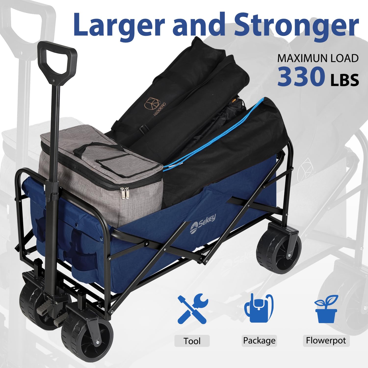 Sekey Heavy Duty Foldable Wagon with 330lbs Weight Capacity, Collapsible Folding Utility Garden Cart with Big All-Terrain Beach Wheels & Drink Holders.Blue