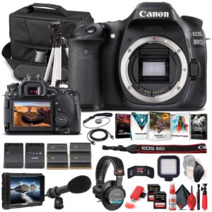 canon eos 80d dslr camera (body only) (1263c004) + 4k monitor + pro headphones + pro mic + 2 x 64gb memory card + case + corel photo software + pro tripod + 3 x lpe6 battery + more (renewed)