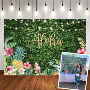 avezano aloha backdrop luau birthday party backdrop tropical hawaiian baby shower party banner decoration glitter lights green grass pineapple background for photography photo booth banner