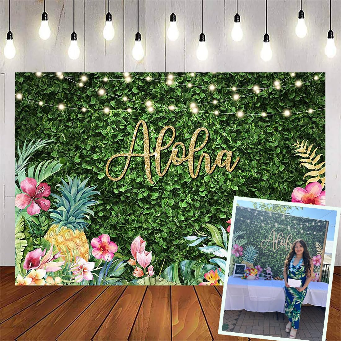 Avezano Aloha Backdrop Luau Birthday Party Backdrop Tropical Hawaiian Baby Shower Party Banner Decoration Glitter Lights Green Grass Pineapple Background for Photography Photo Booth Banner