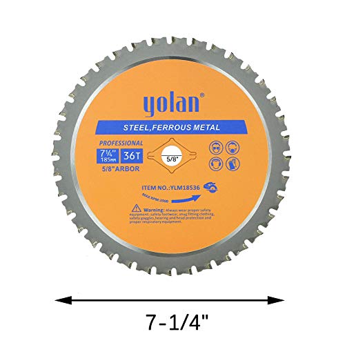 Yolan 7 1/4” Metal Cutting Circular Saw Blade, 7-1/4-Inch 180 Blade,36-Tooth,Carbide Tipped, 5/8-Inch Arbor, Diamond Knockout Arbor for TCT Miter Saw Blade, Cutting Metal & Steel,Ferrous Metal