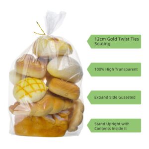 Lesibag 100 Pcs Bread Bags with Ties - 8" x 18" Clear Gusseted Bread Bags for Homemade Bread and Bakery Loaf