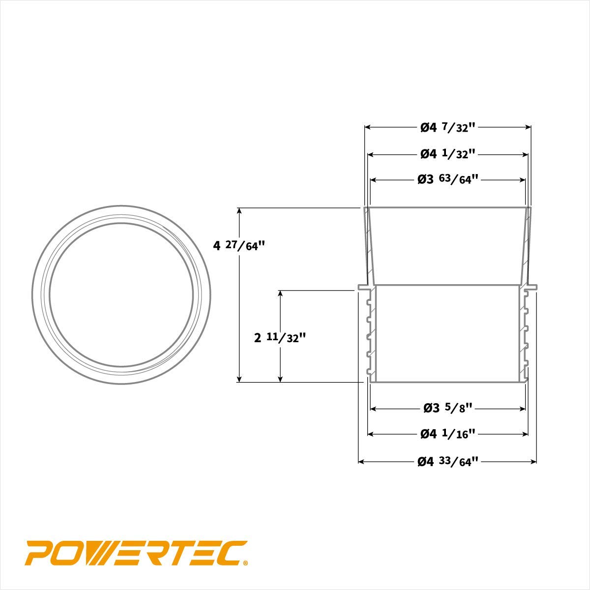 POWERTEC 70284 4" Quick Connect Coupler with Left-Hand Threaded End to 4" I.D. Flexible Hose