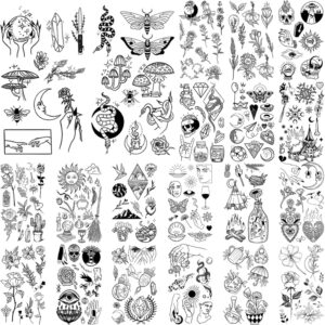 glaryyears 150+ pattern black tiny temporary tattoo, hands face halloween tattoo sticker for men women, flower space moon snake designs body art on arm neck shoulder clavicle waterproof