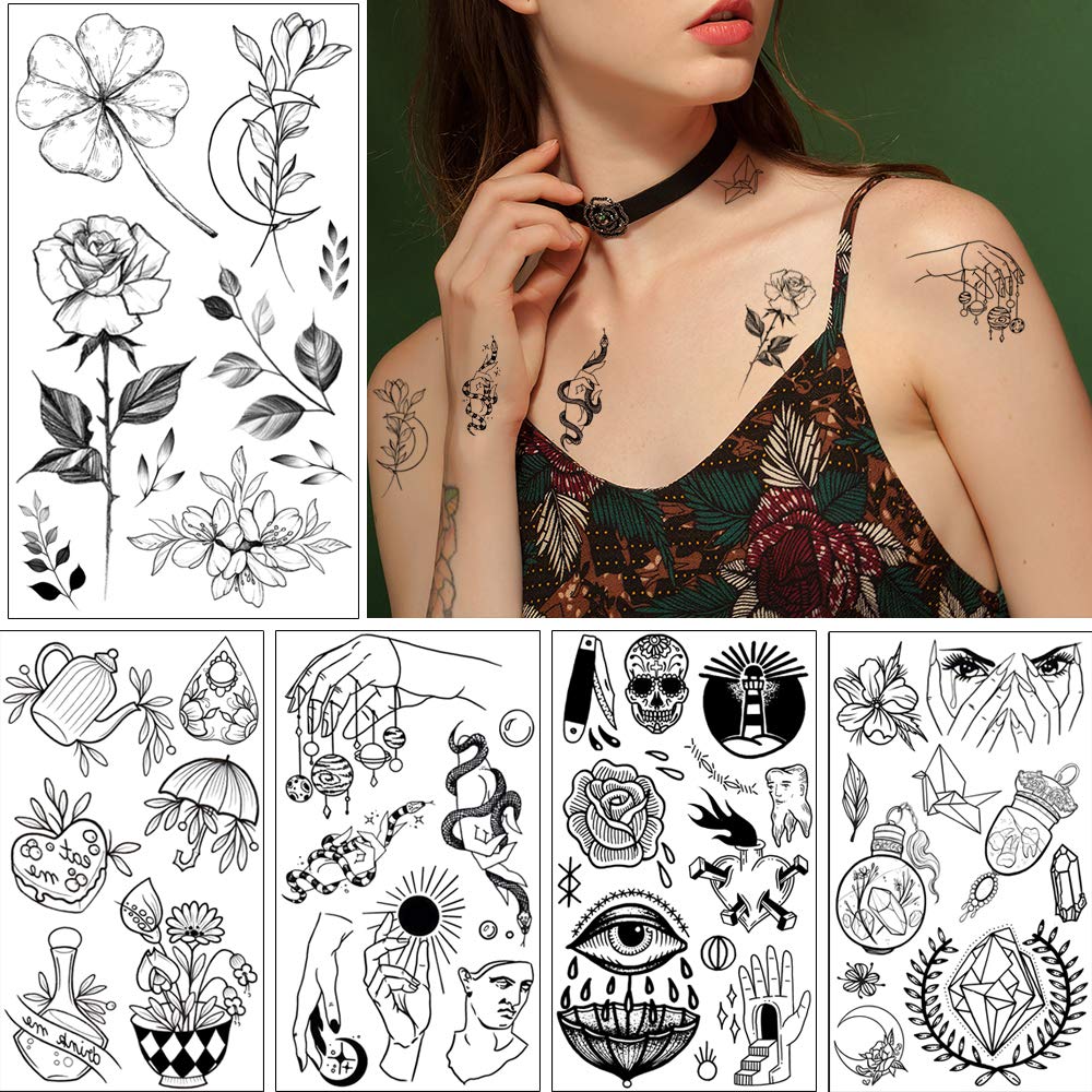 GLARYYEARS 150+ Pattern Black Tiny Temporary Tattoo, Hands Face Halloween Tattoo Sticker for Men Women, Flower Space Moon Snake Designs Body Art on Arm Neck Shoulder Clavicle Waterproof