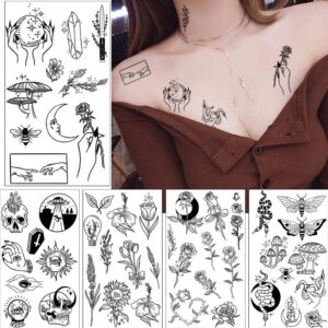 GLARYYEARS 150+ Pattern Black Tiny Temporary Tattoo, Hands Face Halloween Tattoo Sticker for Men Women, Flower Space Moon Snake Designs Body Art on Arm Neck Shoulder Clavicle Waterproof