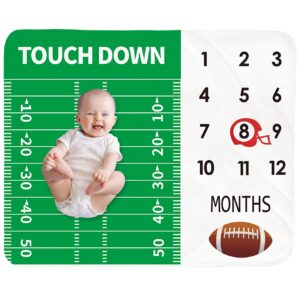 tebaby baby monthly milestone blanket boy - newborn month blanket unisex neutral personalized shower gift football sports nursery decor photography background prop with frame large 51''x40''