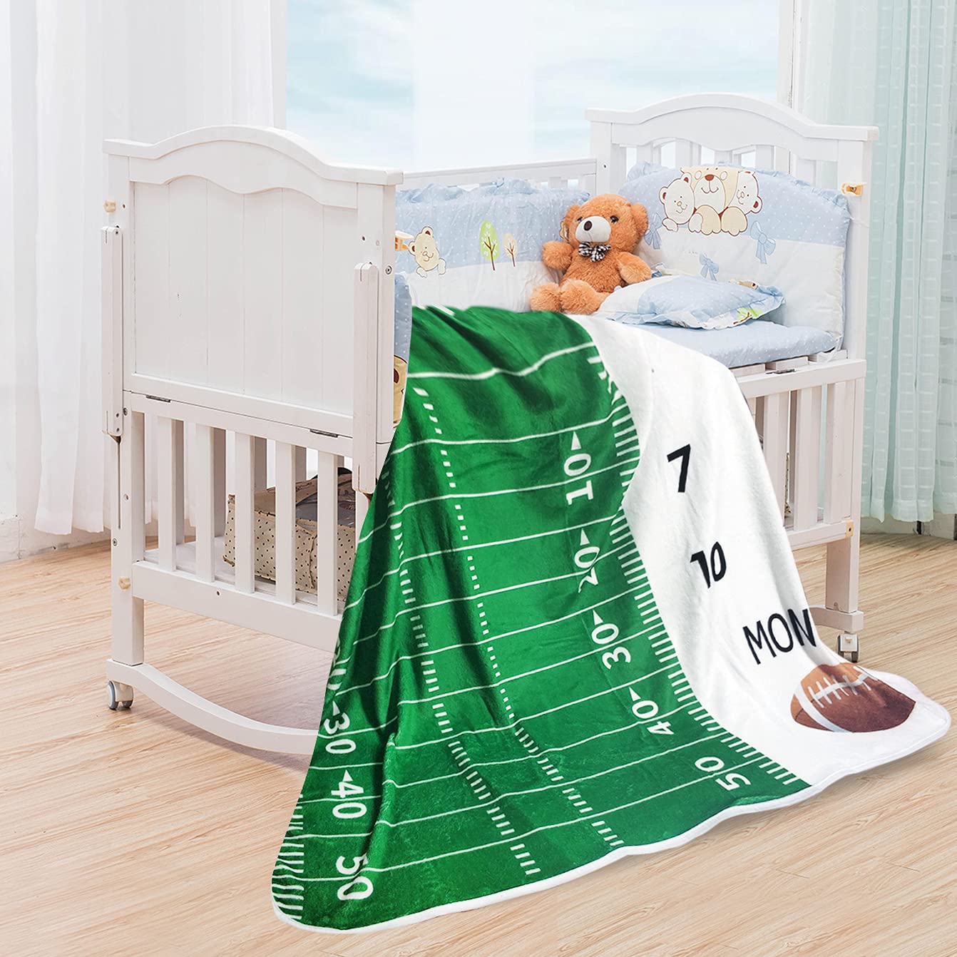 Tebaby Baby Monthly Milestone Blanket Boy - Newborn Month Blanket Unisex Neutral Personalized Shower Gift Football Sports Nursery Decor Photography Background Prop with Frame Large 51''x40''