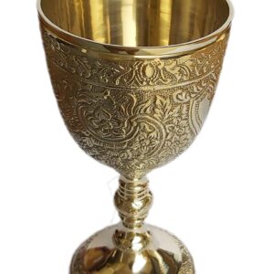 PARIJAT HANDICRAFT Brass royal chalice cup embossed brass flutes wine heavy goblet brass drinking glasses beverage tumbler cups for water juice milk beer ice tea and farmhouse decor