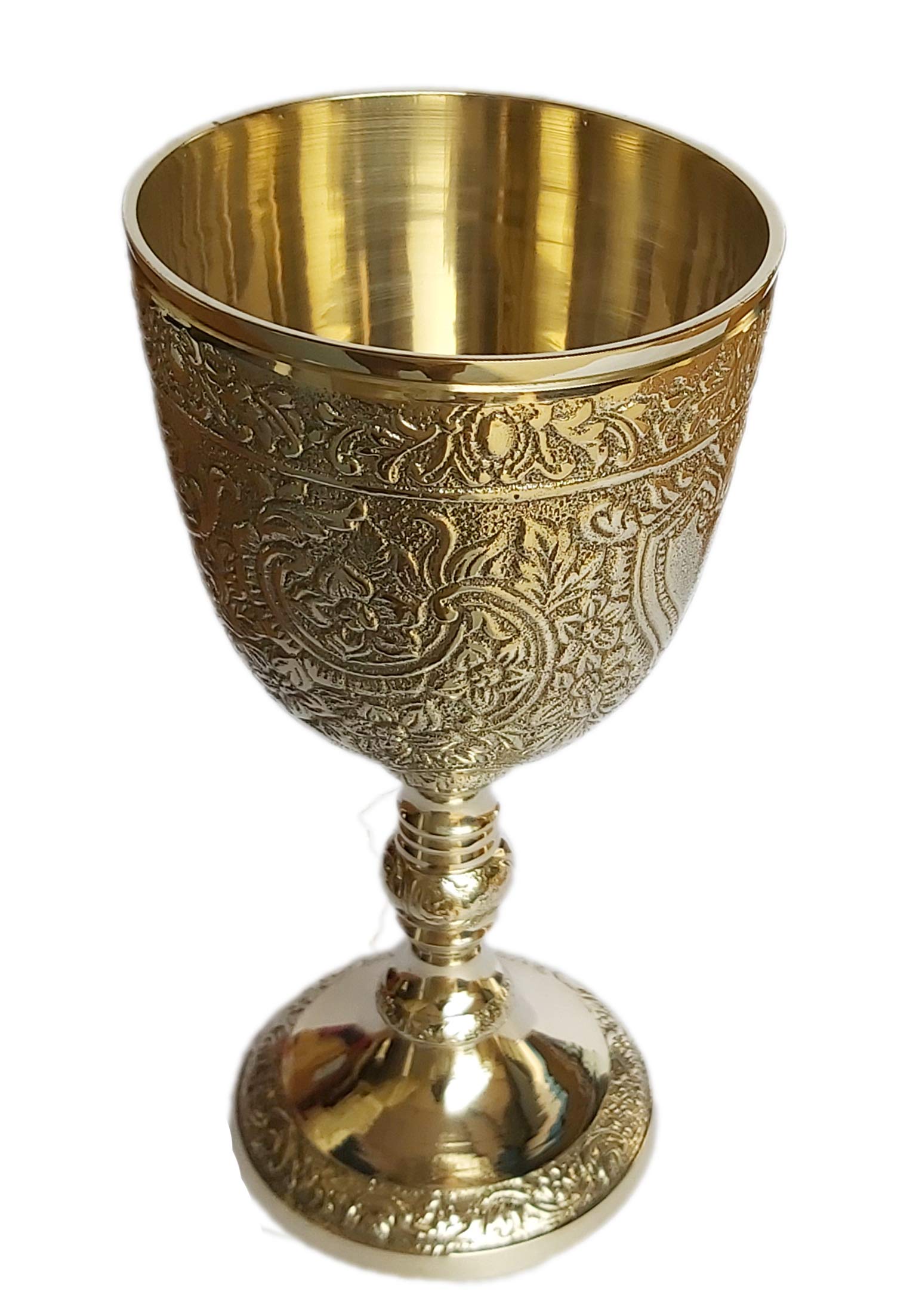 PARIJAT HANDICRAFT Brass royal chalice cup embossed brass flutes wine heavy goblet brass drinking glasses beverage tumbler cups for water juice milk beer ice tea and farmhouse decor