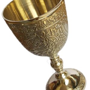 PARIJAT HANDICRAFT Brass royal chalice cup embossed brass flutes wine heavy goblet brass drinking glasses beverage tumbler cups for water juice milk beer ice tea and farmhouse decor