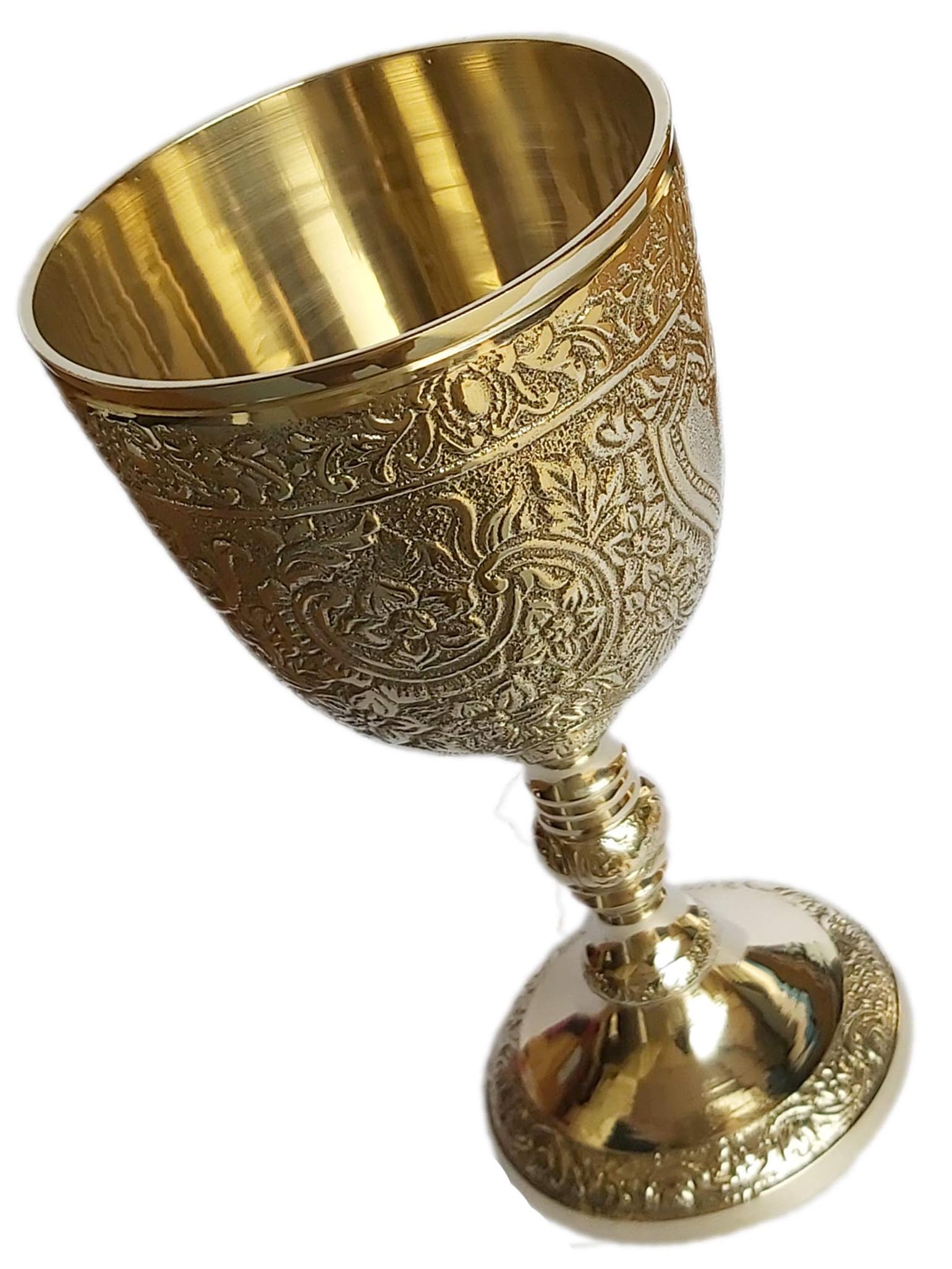 PARIJAT HANDICRAFT Brass royal chalice cup embossed brass flutes wine heavy goblet brass drinking glasses beverage tumbler cups for water juice milk beer ice tea and farmhouse decor