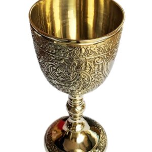 PARIJAT HANDICRAFT Brass royal chalice cup embossed brass flutes wine heavy goblet brass drinking glasses beverage tumbler cups for water juice milk beer ice tea and farmhouse decor