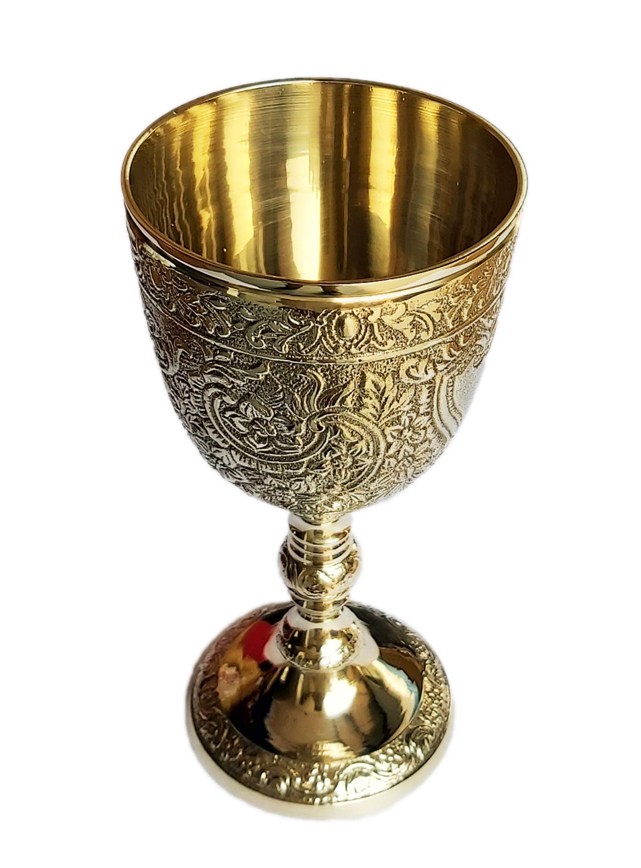 PARIJAT HANDICRAFT Brass royal chalice cup embossed brass flutes wine heavy goblet brass drinking glasses beverage tumbler cups for water juice milk beer ice tea and farmhouse decor