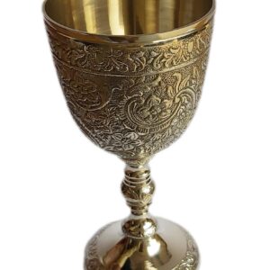 PARIJAT HANDICRAFT Brass royal chalice cup embossed brass flutes wine heavy goblet brass drinking glasses beverage tumbler cups for water juice milk beer ice tea and farmhouse decor