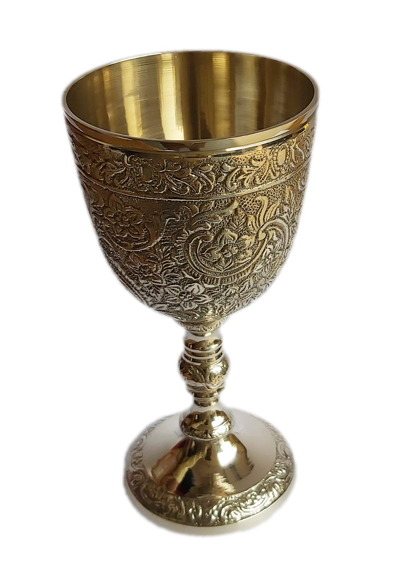 PARIJAT HANDICRAFT Brass royal chalice cup embossed brass flutes wine heavy goblet brass drinking glasses beverage tumbler cups for water juice milk beer ice tea and farmhouse decor