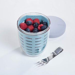 MEPAL, Fruit and Veggie Snack Pot with Airtight Lid, Colander and Fork, Portable, BPA Free, Nordic Blue, Holds 600ml|20oz, 1 Count
