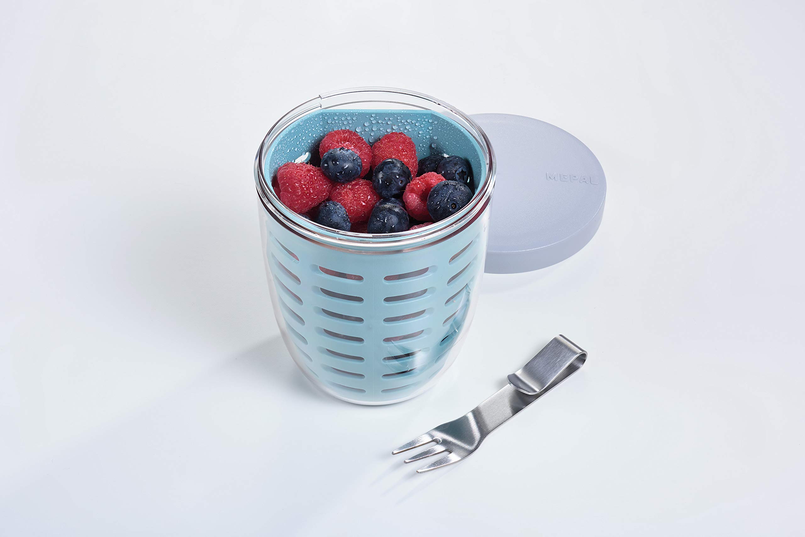 MEPAL, Fruit and Veggie Snack Pot with Airtight Lid, Colander and Fork, Portable, BPA Free, Nordic Blue, Holds 600ml|20oz, 1 Count