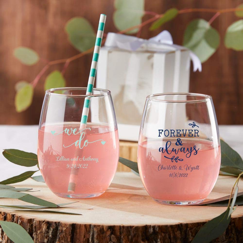 Kate Aspen 15 oz. Personalized Stemless Wine Glass - 48pcs/Silver - Custom Wedding Favors and Bridal Shower Party Favors with Customized Designs Text Lines