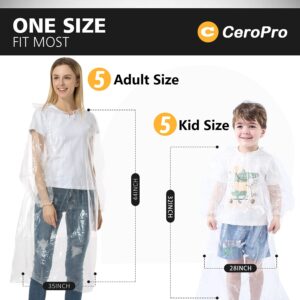 CeroPro Disposable Rain Ponchos Family Pack Emergency Waterproof Clear Ponchos with Hood Disposable Raincoat 10 Pack (5 Adult 5 Kids)