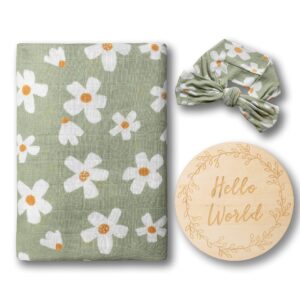 miaoberry daisy garden spring floral muslin swaddle set for baby girl|100% organic cotton blanket with matching bow|boho indie vintage sage green|hospital receiving blanket