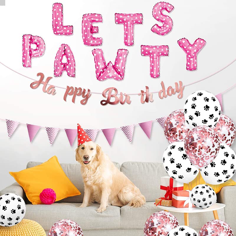 Esweny Dog Cat Birthday Party Supplies,Dog Paw Print Balloons Sequined balloon,Lets Pawty Balloons, Happy Birthday Banner Foil Balloons Pet Party Decoration