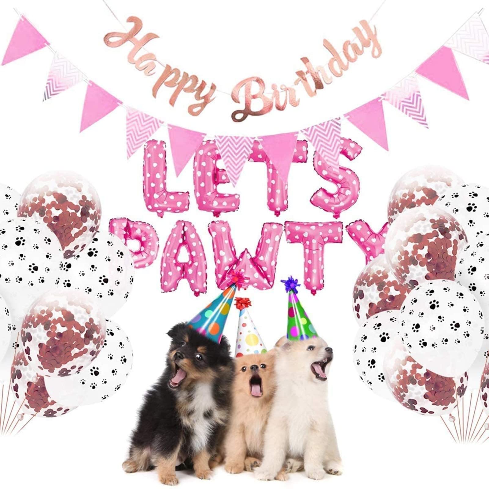 Esweny Dog Cat Birthday Party Supplies,Dog Paw Print Balloons Sequined balloon,Lets Pawty Balloons, Happy Birthday Banner Foil Balloons Pet Party Decoration