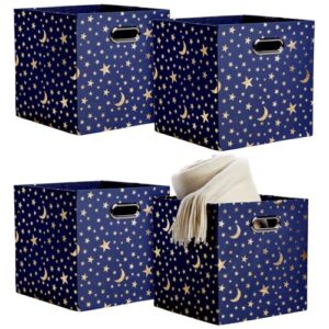 okuna outpost 4 pack star storage cubes, collapsible foldable fabric organizer baskets for clothes, toys, gold moons and stars (11 in)