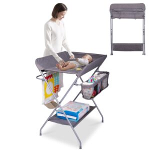 portable changing table, changing station with safety belt for newborn baby and infant, gray