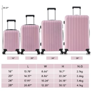 Fridtrip 4 Piece Luggage Sets Hard Shell Lightweight ABS Luggage Suitcase with Durable Spinner Wheels 16" 20" 24" 28" (Pink)