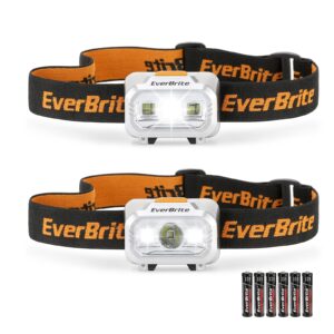 everbrite led headlamp, 4 lighting modes, pivoting head with adjustable headband, ipx4 water resistant perfect for running, camping and hiking, 3 aaa battery powered(2 pack)