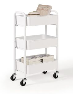 sunnypoint 3-tier delicate compact rolling metal storage organizer - mobile utility cart kitchen/under desk cart with caster wheels (wht, compact (15.5" x 26.8" x 10.27"))