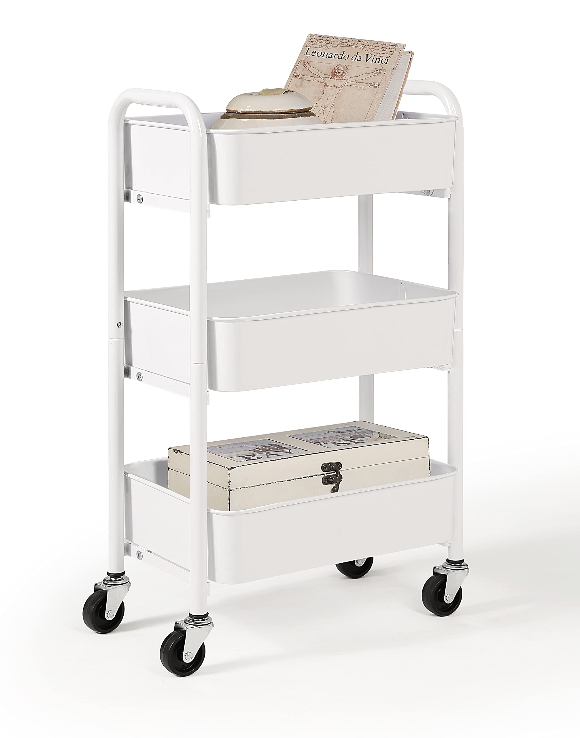 SunnyPoint 3-Tier Delicate Compact Rolling Metal Storage Organizer - Mobile Utility Cart Kitchen/Under Desk Cart with Caster Wheels (WHT, Compact (15.5" X 26.8" X 10.27"))