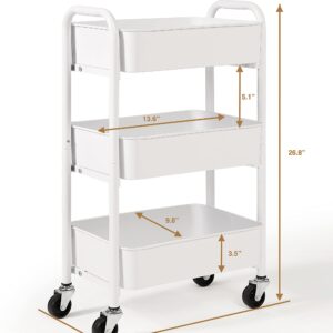 SunnyPoint 3-Tier Delicate Compact Rolling Metal Storage Organizer - Mobile Utility Cart Kitchen/Under Desk Cart with Caster Wheels (WHT, Compact (15.5" X 26.8" X 10.27"))