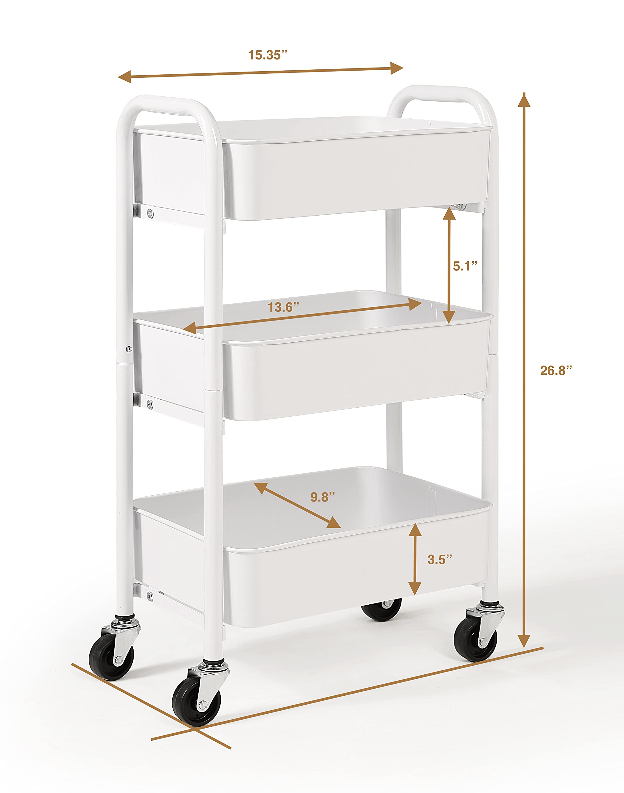 SunnyPoint 3-Tier Delicate Compact Rolling Metal Storage Organizer - Mobile Utility Cart Kitchen/Under Desk Cart with Caster Wheels (WHT, Compact (15.5" X 26.8" X 10.27"))