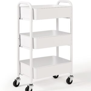 SunnyPoint 3-Tier Delicate Compact Rolling Metal Storage Organizer - Mobile Utility Cart Kitchen/Under Desk Cart with Caster Wheels (WHT, Compact (15.5" X 26.8" X 10.27"))