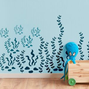NAKLEO 5 pcs Reusable Plastic Stencils - Seaweed Algae Aquarium - 13.4" to 3.5" - Pattern Children Kids Painting Template Room Decor - Craft DIY Wall Furniture