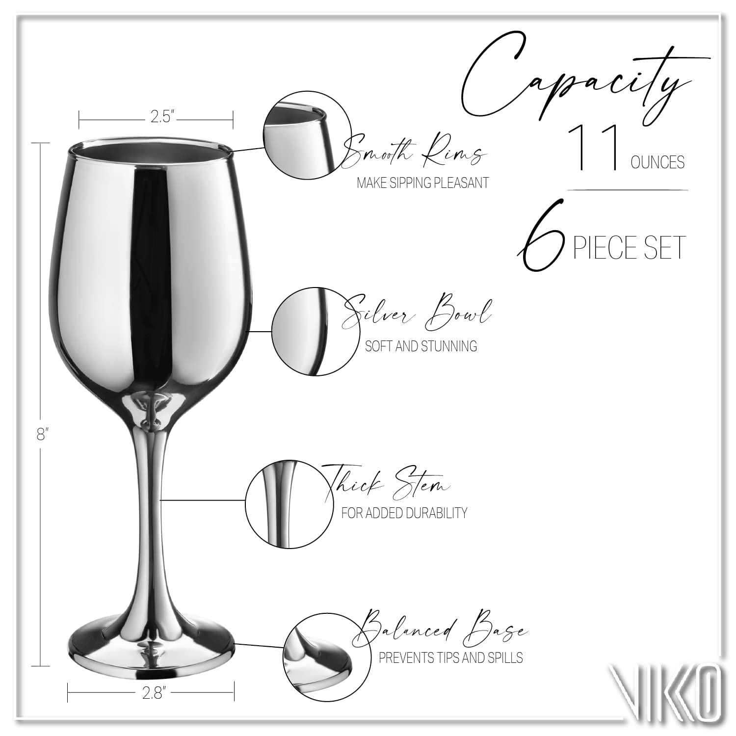 Vikko Décor Silver Wine Glasses: 11 Oz Fancy Wine Glasses With Stem For Red And White Wine- Thick And Durable Wine Glass- Dishwasher Safe - Great For Wine Tasting- Set Of 6 Decorative Goblets