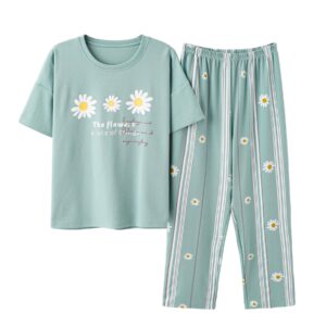 vopmocld big girls' 2-piece cotton pajamas cute cat panda sleepwear short sleeve long pants nighty sets, floral-green, 12