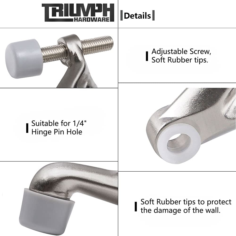 Triumph Hardware 2 Pack Hinge Pin Door Stopper,Adjustable Heavy Duty Door Stopper 2-3/8"x15/16”,Brushed Satin Nickel,with Black Rubber Bumper Tips