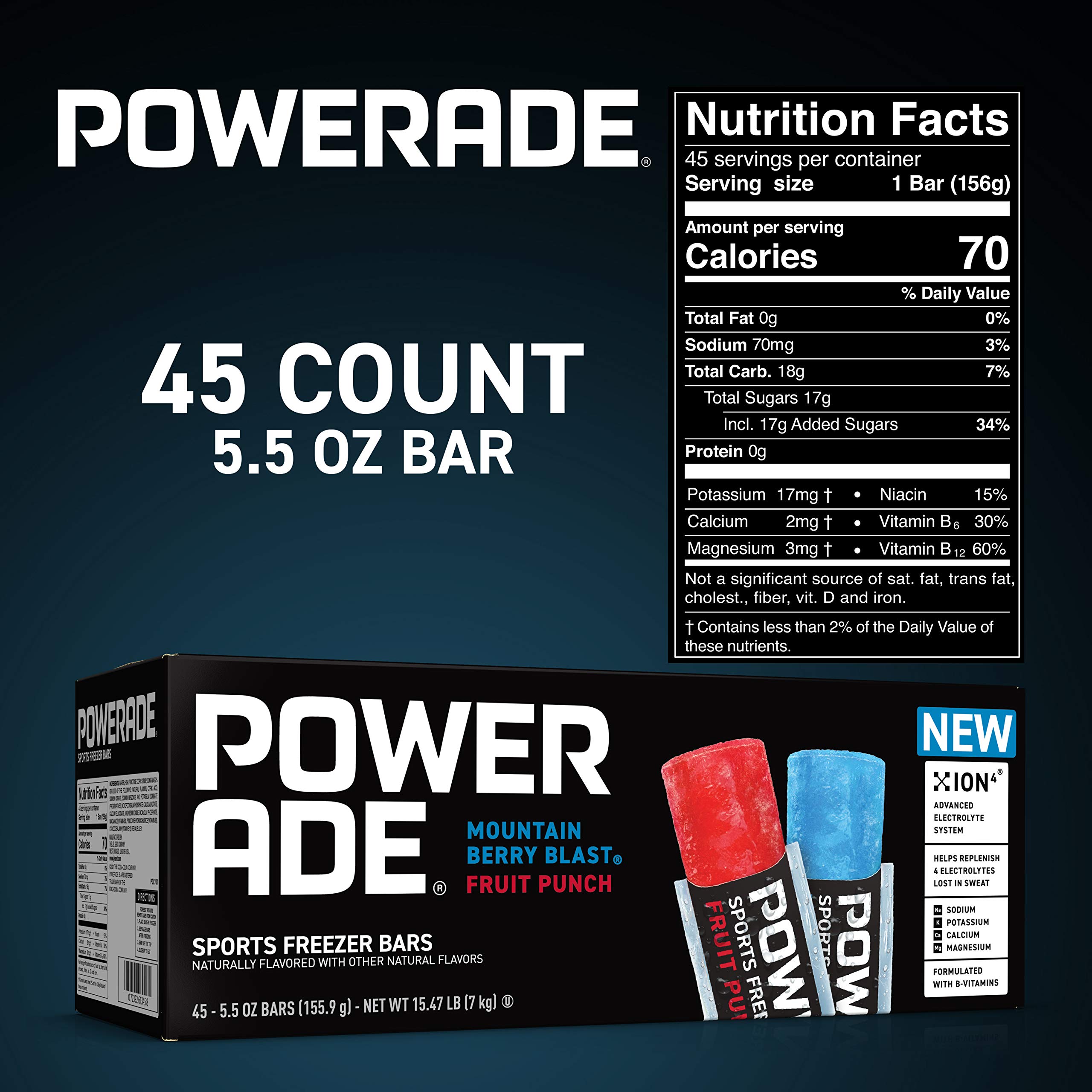 POWERADE Sports Freezer Bars, Giant Sized 5.5 oz Refreshing Ice Pops with Electrolytes B Vitamins – Naturally Flavored with other Natural Flavors, Mountain Berry Blast and Fruit Punch, 45 Total